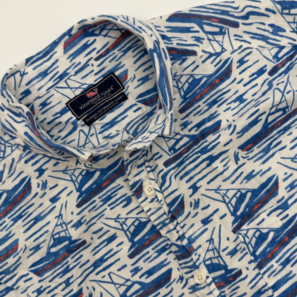 Vineyard Vines Mens Murray Shirt Classic Fit Nautical Boat Print Blue 1W000118